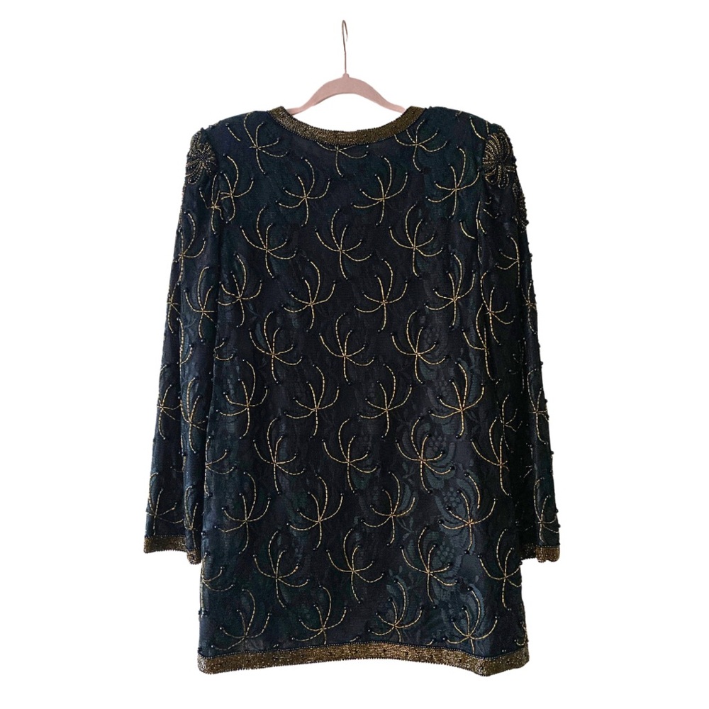 LAURENCE KAZAR XL Black Gold Beaded Jacket Blazer Evening Holiday Cocktail Top - Picture 3 of 13